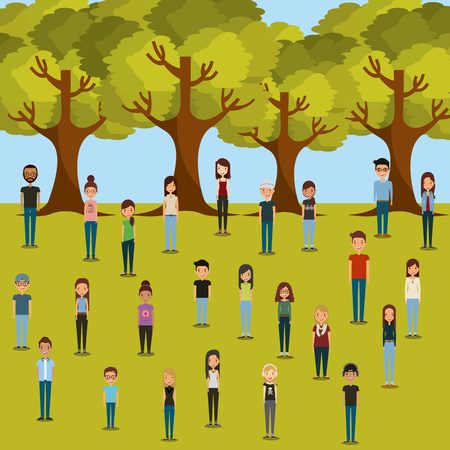 cartoon young people in the park with trees over white background. colorful design. vector illustrationのイラスト素材