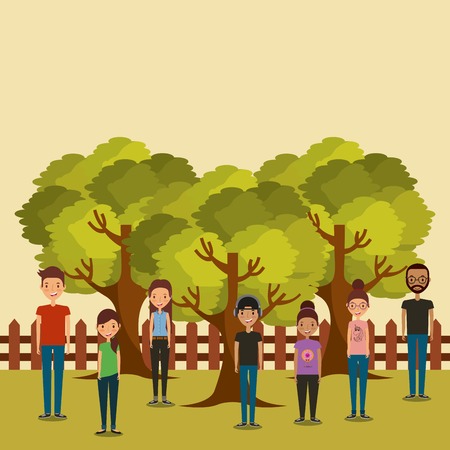 cartoon young people in the park with trees over white background. colorful design. vector illustrationのイラスト素材