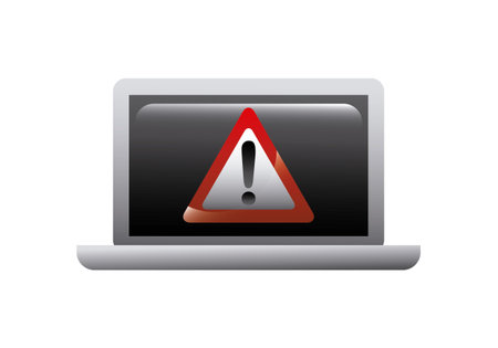 laptop computer with warning sign icon. cyber security concept. colorful design. vector illustrationのイラスト素材