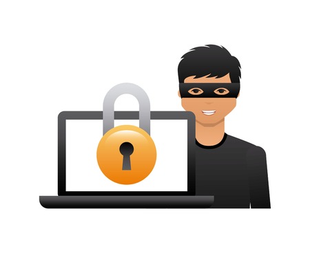 cartoon hacker man with laptop computer and padlock icon over white background. cyber security concept. colorful design. vector illustrationのイラスト素材