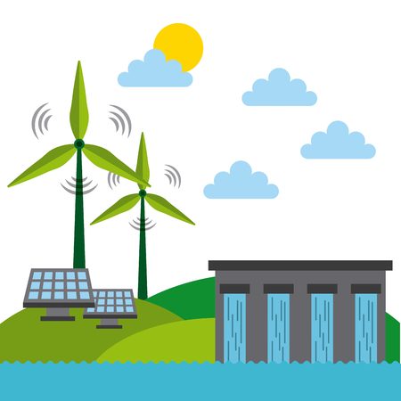 water dam, solar panel and wind turbines  over green landscape. colorful design. vector illustrationのイラスト素材