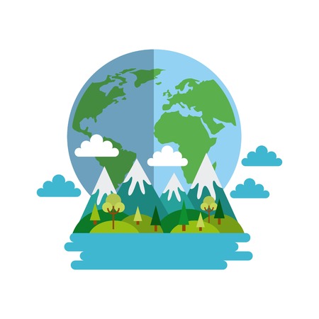 mountains landscape and earth planet icon over white background. colorful design. vector illustraitonのイラスト素材