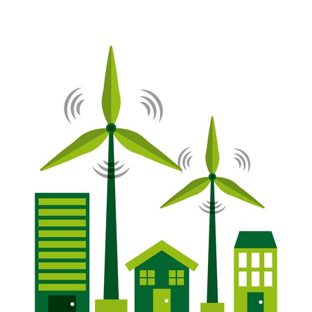 wind turbines and house and buildings icons over white background. colorful design. vector illustrationのイラスト素材
