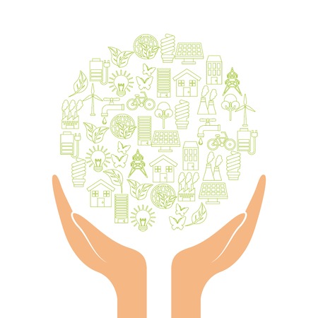 hands with green ideas and ecology icons in circle shape over white background. colorful design. vector illustrationのイラスト素材