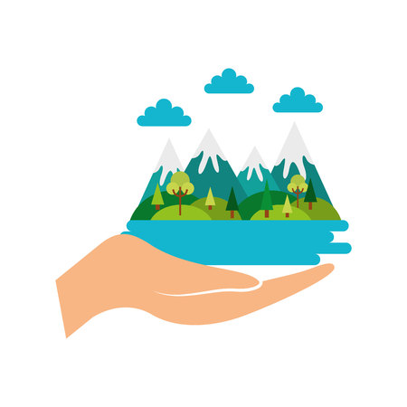 hand with mountains landscape icon over white background. colorful design. vector illustrationのイラスト素材
