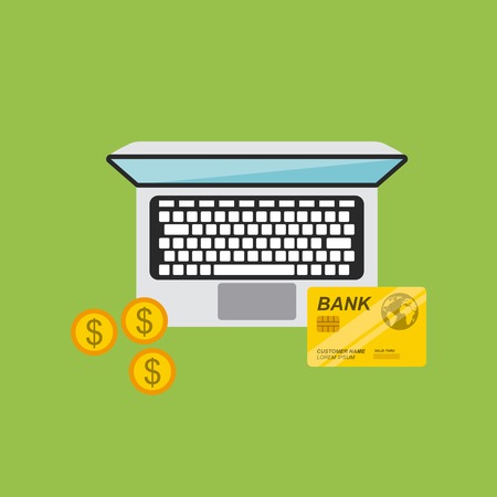 laptop computer with credit card and gold coins icon over green background. top view. colorful design. vector illustrationのイラスト素材