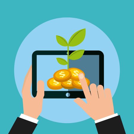 hand holding a tablet device with gold coins and green plant over blue background. money and profits concept. colorful design. vector illustrationのイラスト素材
