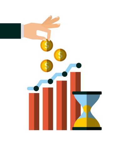 graphic charts and hand holding a gold coins and sandclock icon over white background. colorful design. vector illustrationのイラスト素材