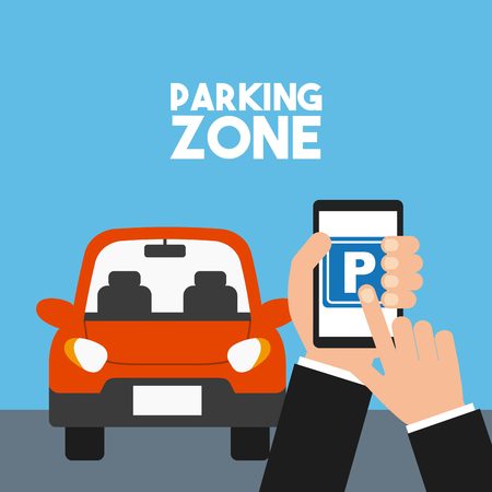 parked car in parking zone and hand holding a smartphone with park icon on screen. colorful design. vector illustrationのイラスト素材