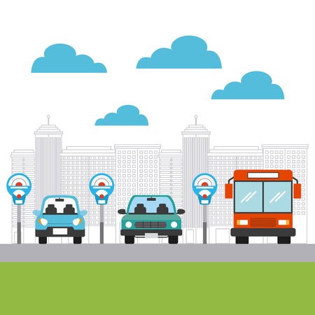 parked cars and bus vehicles in city parking zone. colorful design. vector illustrationのイラスト素材