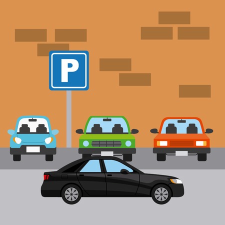 parked cars in a parking zone and black car. colorful design. vector illlustrationのイラスト素材