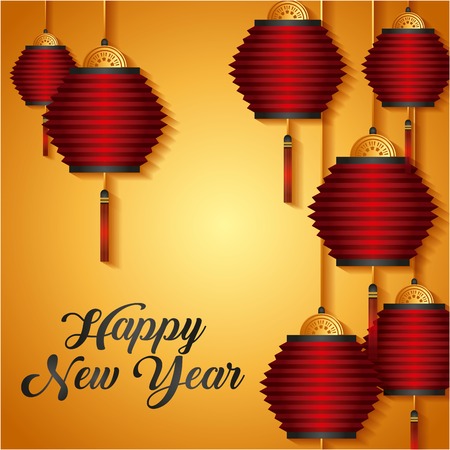 happy new year card with chinese lanterns hanging. colorful design. vector illustrationのイラスト素材