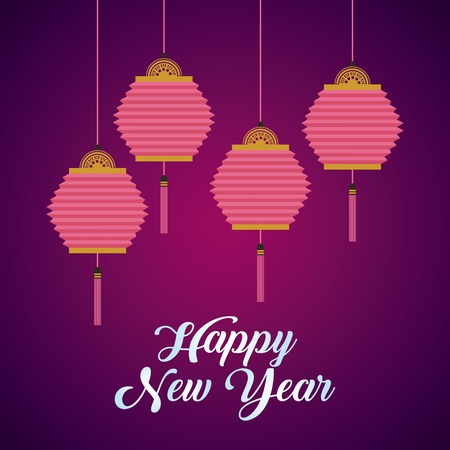 happy new year card with chinese lanterns hanging over purple background. colorful design. vector illustrationのイラスト素材