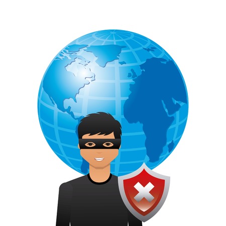 cartoon hacker man with earth planet and wrong shield icon over white background. cyber security concept. colorful design. vector illustrationのイラスト素材