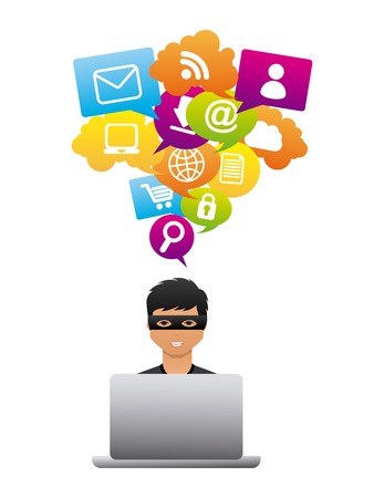 cartoon hacker man with laptop computer icon over white background. cyber security concept. colorful design. vector illustrationのイラスト素材