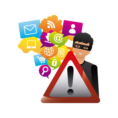 cartoon hacker man with warning sign icon over white background. cyber security concept. colorful design. vector illustrationのイラスト素材