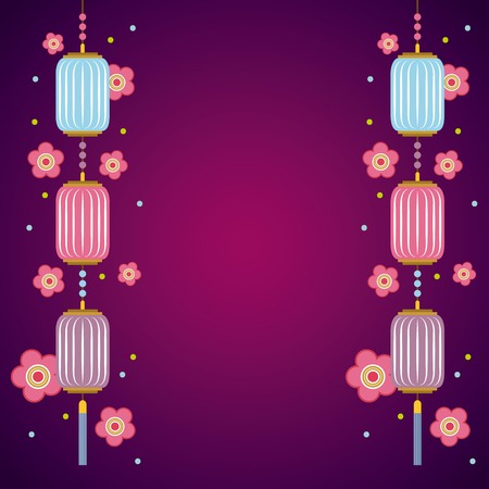 pink flowers chinese lanterns decorations hanging over purple background. colorful design. vector illustrationのイラスト素材