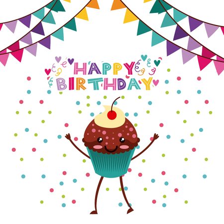 happy birthday card with cartoon cupcake icon and party pennants decorations. colorful design. vector illustrationのイラスト素材