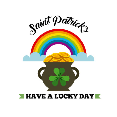 Saint Patrick's Day card with pot with gold coins and rainbow icon over white background. colorful design. vector illustrationのイラスト素材