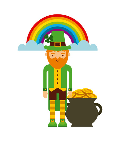 cartoon irish leprechaun man with A Pot with Gold coins and rainbow  icon over white background. Saint Patrick's Day concept. colorful design. vector illustrationのイラスト素材