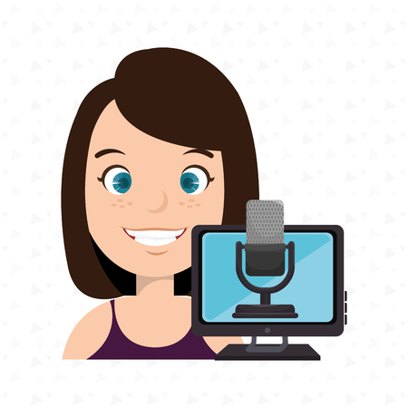 woman cartoon speak microphone screen pc vector illustrationのイラスト素材