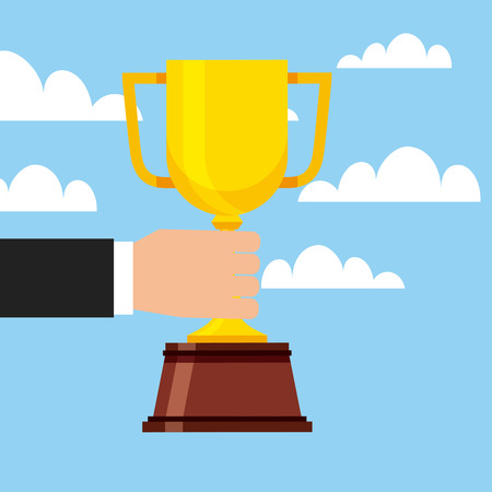 hand holding a gold trophy icon over sky background. colorful design. vector illustrationのイラスト素材