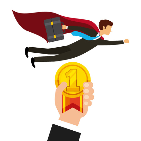 businessman flying  and hand holding a winner medal icon over white background. colorful design. vector illustrationのイラスト素材