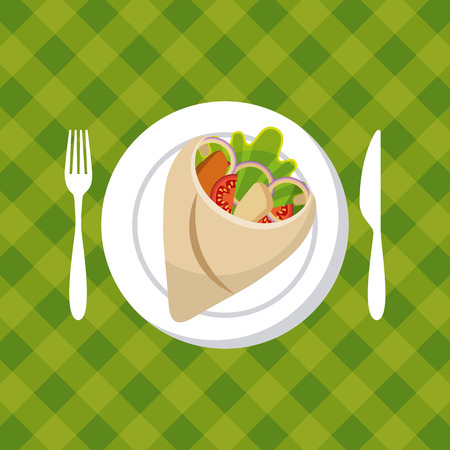 plate with wrap with vegetables over green background. colorful design. vector illustrationのイラスト素材