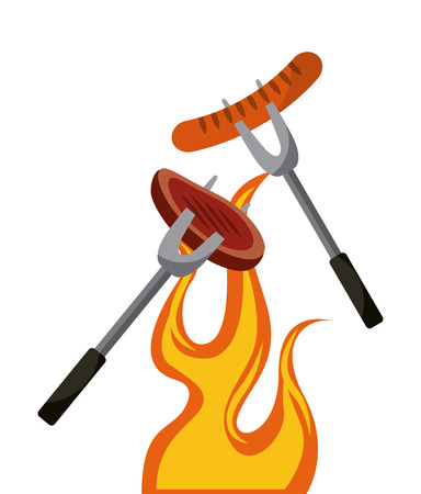 forks with sausage and steak of meat icon over white background. colorful design. vector illustrationのイラスト素材