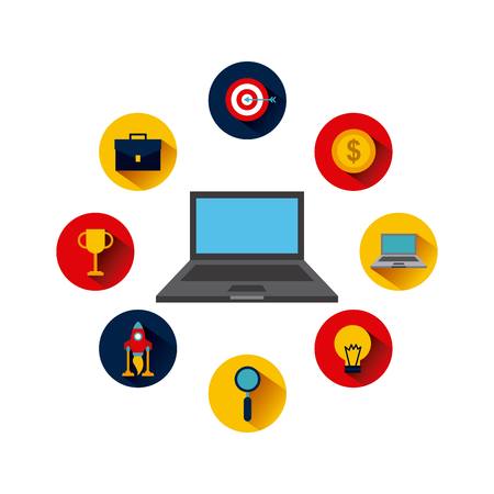 laptop computer icon over yellow circle and blue background. vector illustrationのイラスト素材