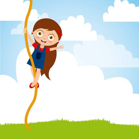 cartoon happy girl playing over landscape. colorful design. vector illustrationのイラスト素材