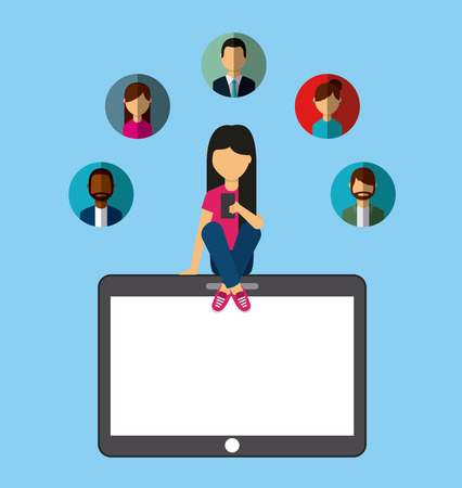 tablet device  and woman using a smartphone over blue background. colorful design. vector illustrationのイラスト素材