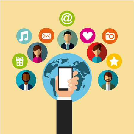earth planet, hand holding a smartphone and social media icons around over yellow background. colorful design. vector illustrationのイラスト素材