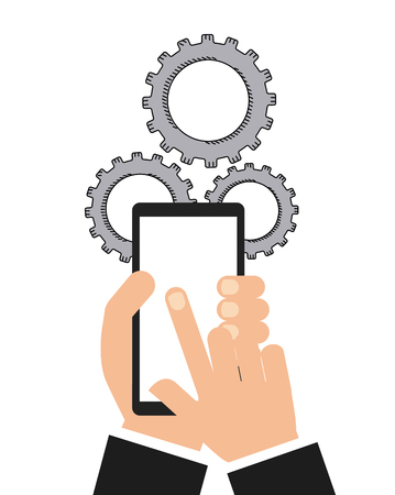 smartphone device with gears icon over white background. colorful design. vector illustrationのイラスト素材