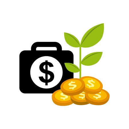 briefcase with money sign and gold coins with a plant over white background. colorful design. vector illustrationのイラスト素材