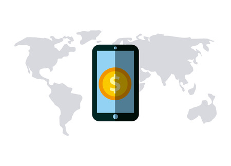 smartphone with gold coin icon over world map and white background. colorful design. vector illustrationのイラスト素材