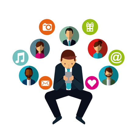 man cartoon with social media icons around over white background. colorful design. vector illustrationのイラスト素材