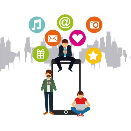 men using technology devices with social media icons around over city background. colorful design. vector illustrationのイラスト素材