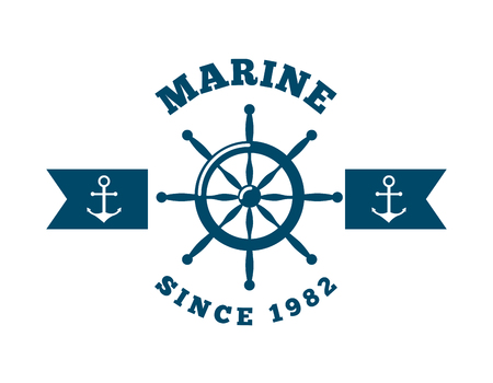 marine emblem with rudder and anchors icon over white background. colorful design. vector illustrationのイラスト素材