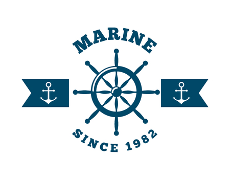 Illustration for marine emblem with rudder and anchors icon over white background. colorful design. vector illustration - Royalty Free Image