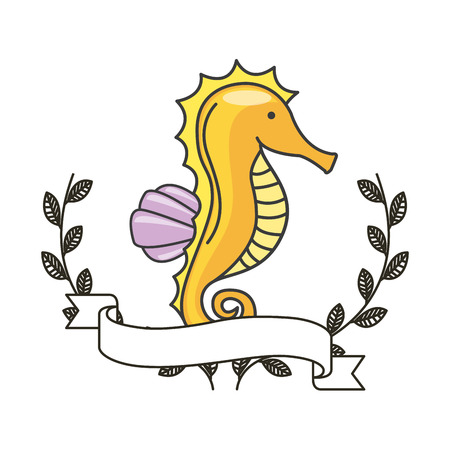 sea horse icon with decorative wreath of leaves and ribbon over white background. colorful design. vector illustrationの写真素材