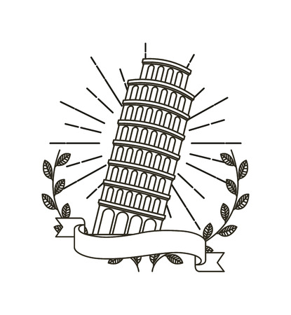 pisa tower icon with decorative wreath of leaves and ribbon over white background. vector illustrationの写真素材