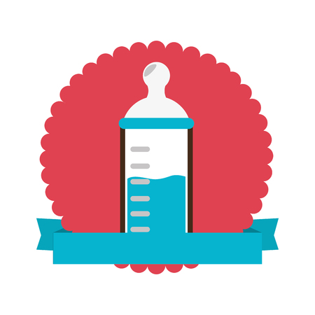 colorful silhouette with baby bottle in circle with ribbon vector illustrationのイラスト素材