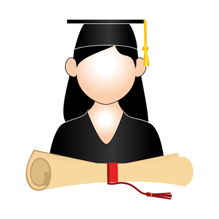 half body woman graduate outfit and certificate of graduation vector illustrationのイラスト素材