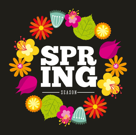 wreath of beautiful flowers over black background. spring season concept. colorful design. vector illustrationのイラスト素材