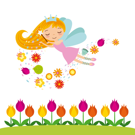 garden with beautiful flowers and fairy girl icon over white background. colorful design. vector illustrationのイラスト素材