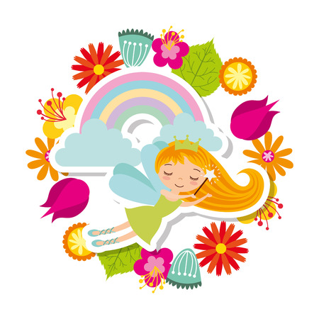 wreath of flowers and fairy girl icon over white background. colorful design. vector illustrationのイラスト素材
