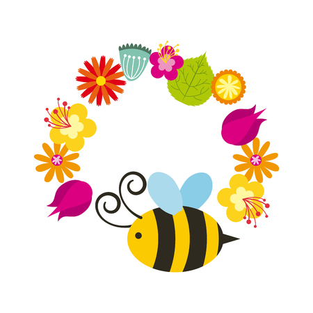bee and wreath of flowers over white background. colorful design. vector illustration bee and wreath of flowers over white background. colorful design. vector illustration