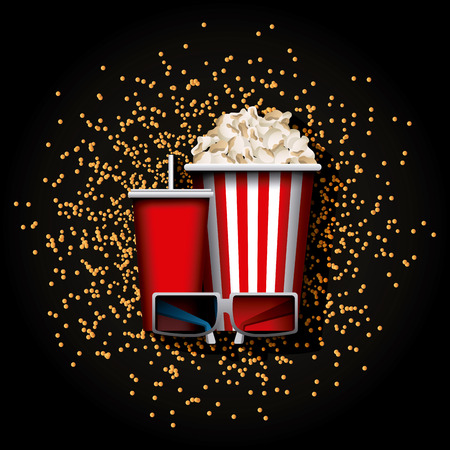 pop corn and soft drink  over golden dots and black background. colorful design. vector illustrationのイラスト素材