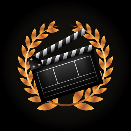 wreath of golden leaves with Clapboard icon over black background. colorful design. vector illustrationのイラスト素材